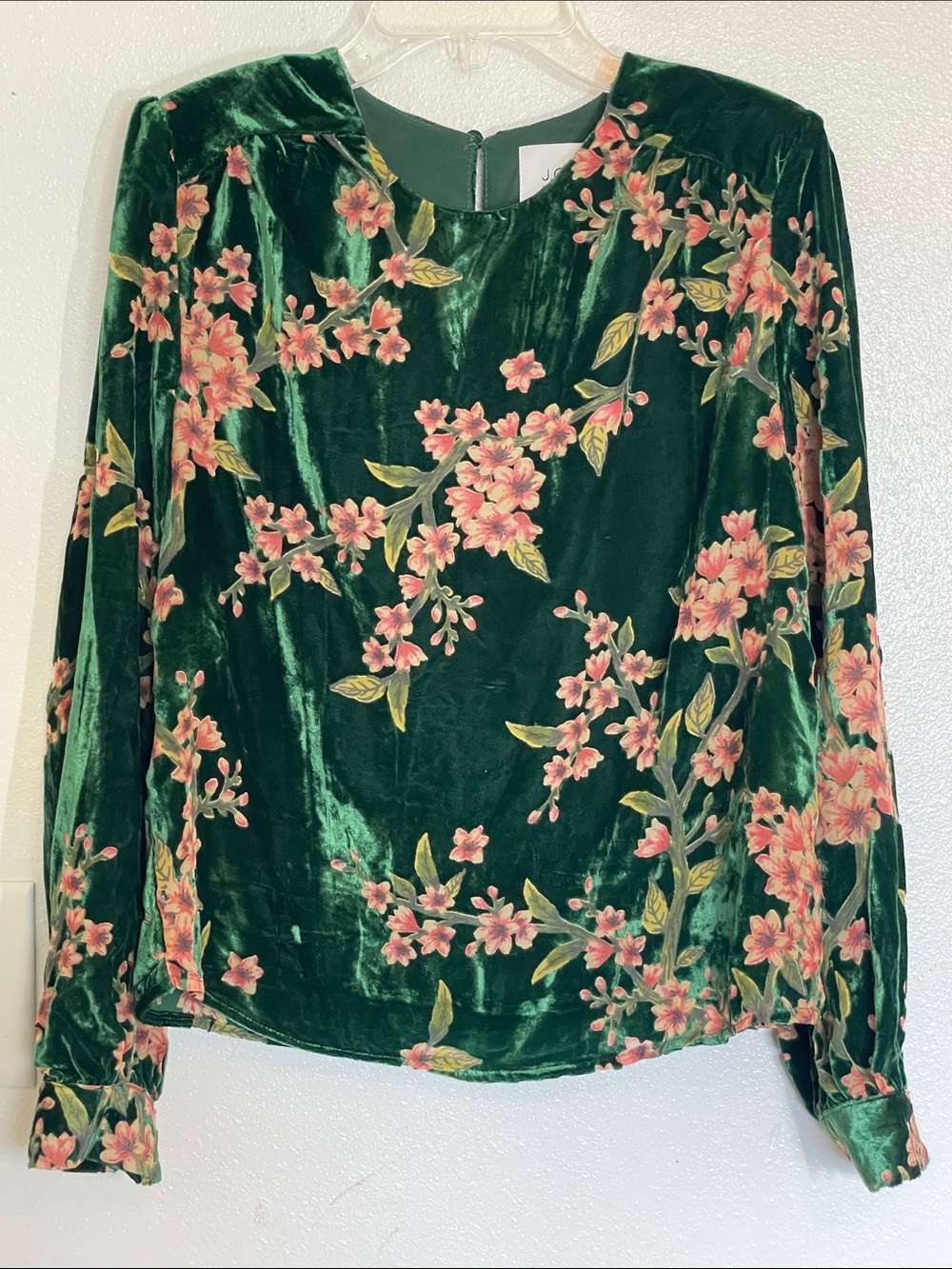 J.O.A. Green Velvet Long-Sleeve Top with Pink Floral Print